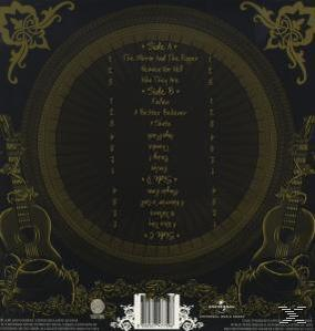 Albumcover mit kunstvollem Design und Titelliste. Gold- und Schwarztöne.