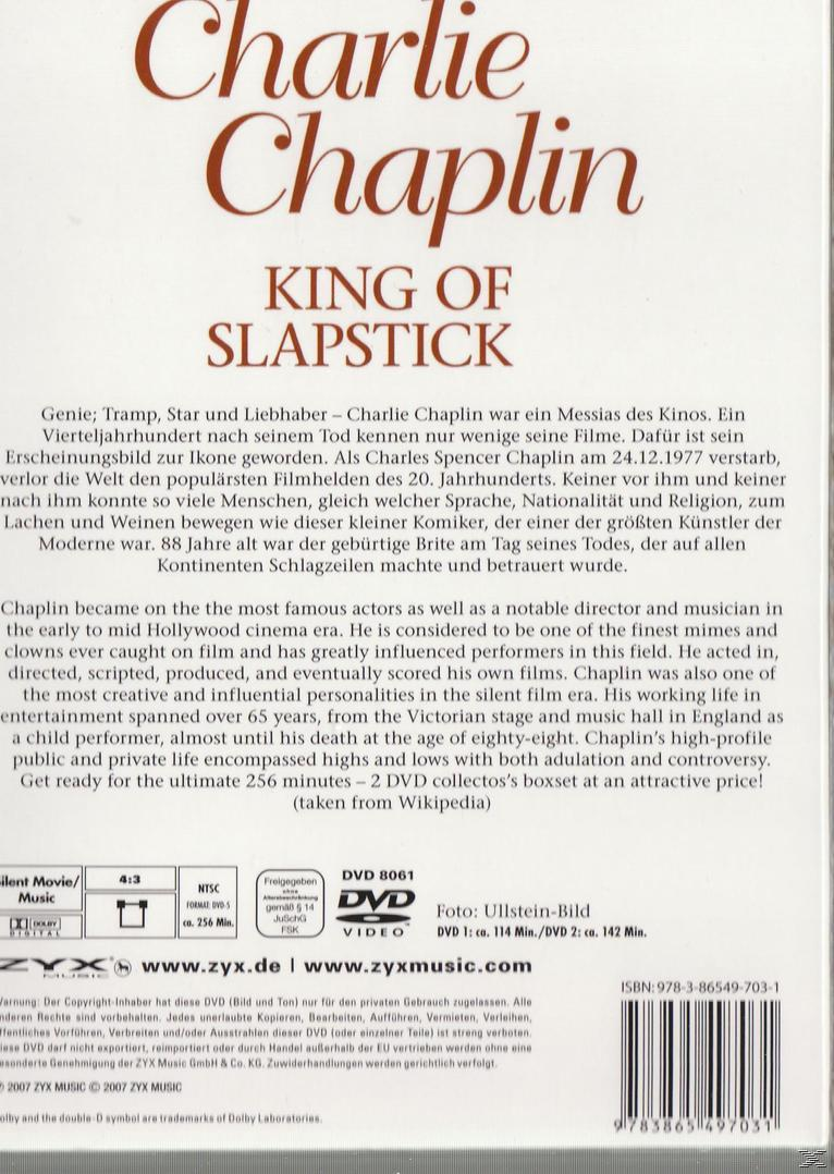 DVD-Cover von 'Charlie Chaplin: King of Slapstick' mit Text und einem Filmstill.