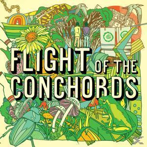 Flight of the Conchords Albumcover. Bunte, cartoonartige Illustration mit einem Frosch, einem Käfer und einer Sonnenblume.