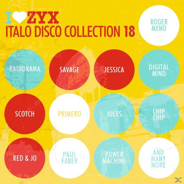 Albumcover mit bunten Kreisen und Künstlernamen. Text: I Love ZYX Italo Disco Collection 18.
