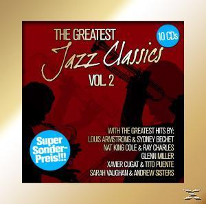 Albumcover: 'The Greatest Jazz Classics Vol. 2'. Silhouetten von Musikern, rot und gold.