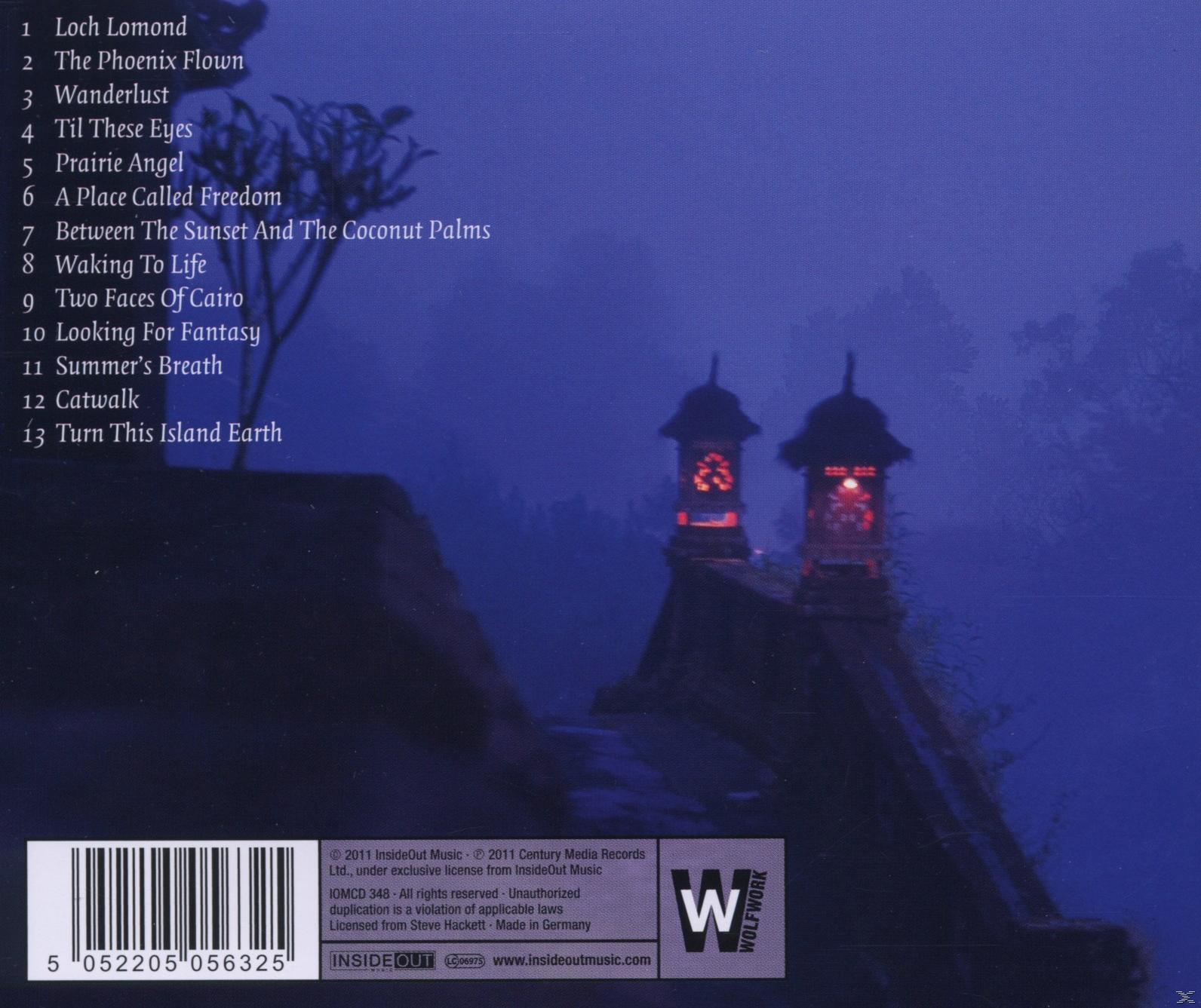 Album-Rückseite. Enthält eine Trackliste, ein Landschaftsbild mit zwei Laternen.