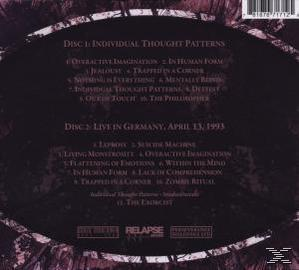 Rückseite des Albums mit Titelliste. Dunkler Hintergrund und abstrakte Elemente.