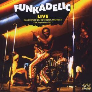 Funkadelic Live album borítója. Zenekar a színpadon, mintás nadrágos férfi, fekete háttér. Szöveg: Funkadelic Live.