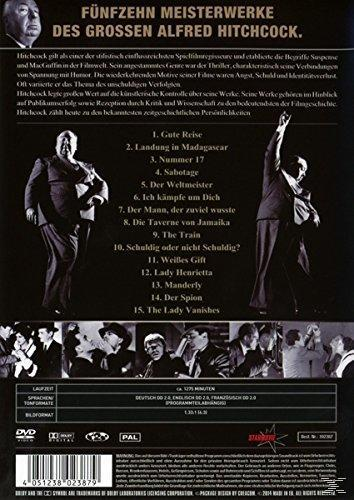 Rückseite einer DVD-Hülle mit einer Auflistung von 15 Filmen von Alfred Hitchcock, mit einem Schwarz-Weiß-Thema.