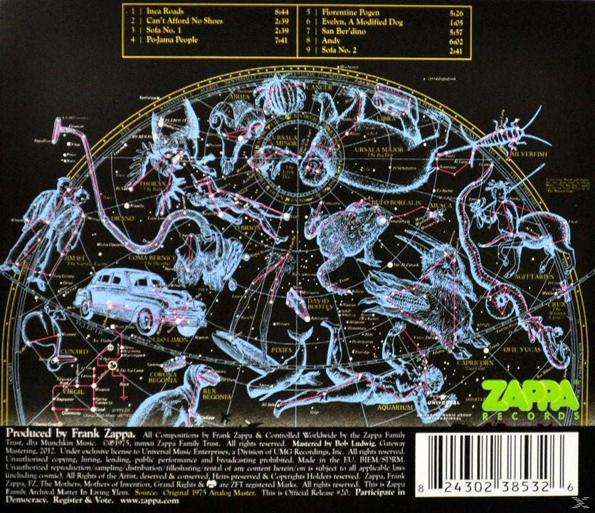 Rückseite eines Zappa-Albums mit einem komplexen Diagramm von Sternbildern und Kreaturen.