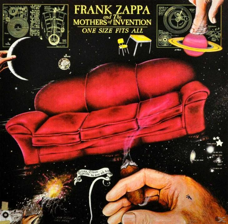 Albumcover mit rotem Sofa im Weltraum, Hand hält Zigarre.