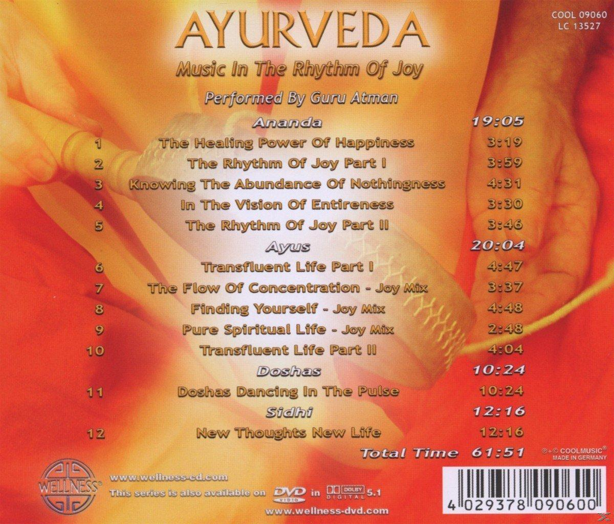 CD-Rückseite mit Text und einer Titelliste zur 'Ayurveda'-Musik.