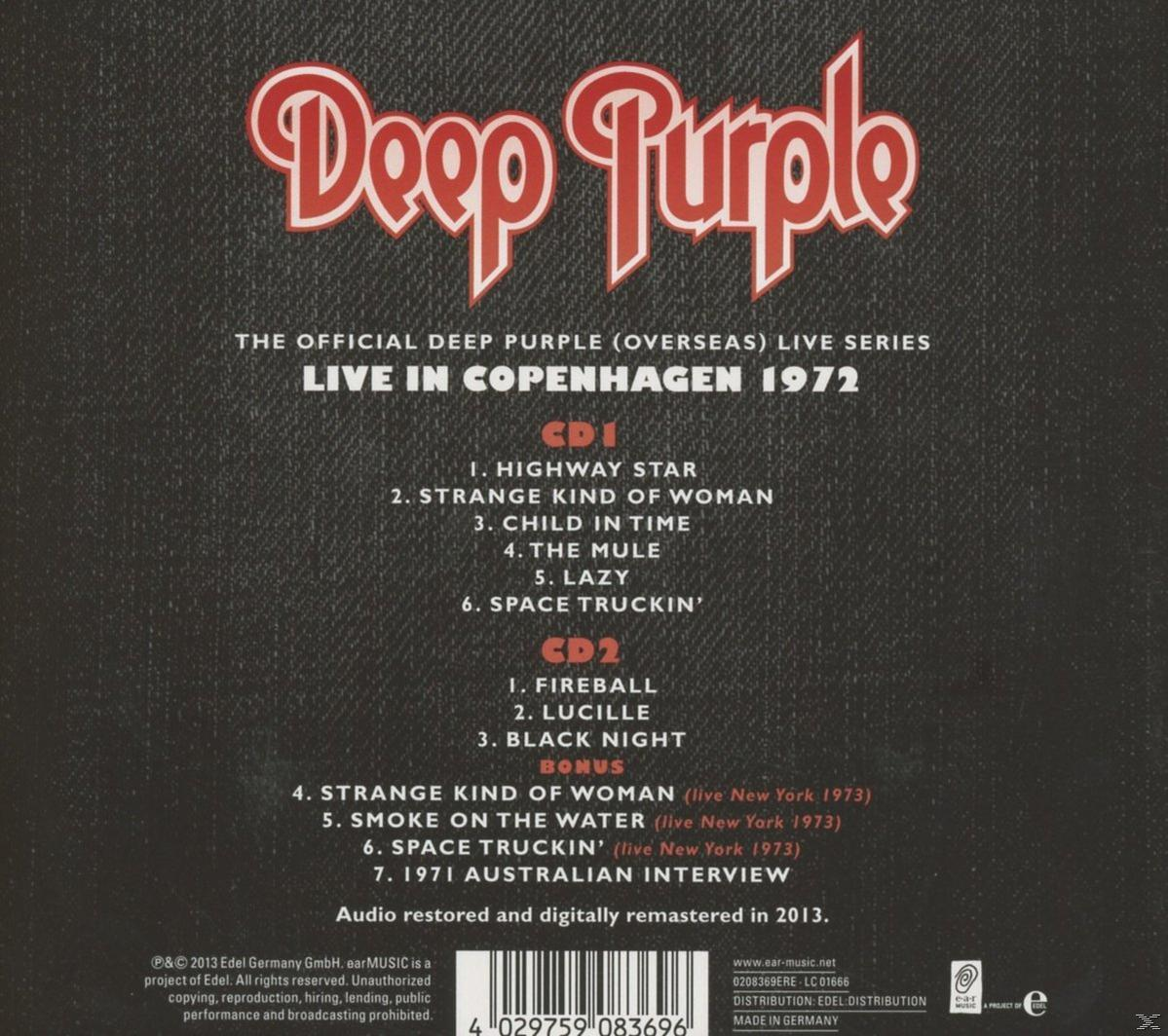 Deep Purple Albumcover. Live in Kopenhagen 1972. Trackliste und weitere Details auf dunklem Hintergrund.