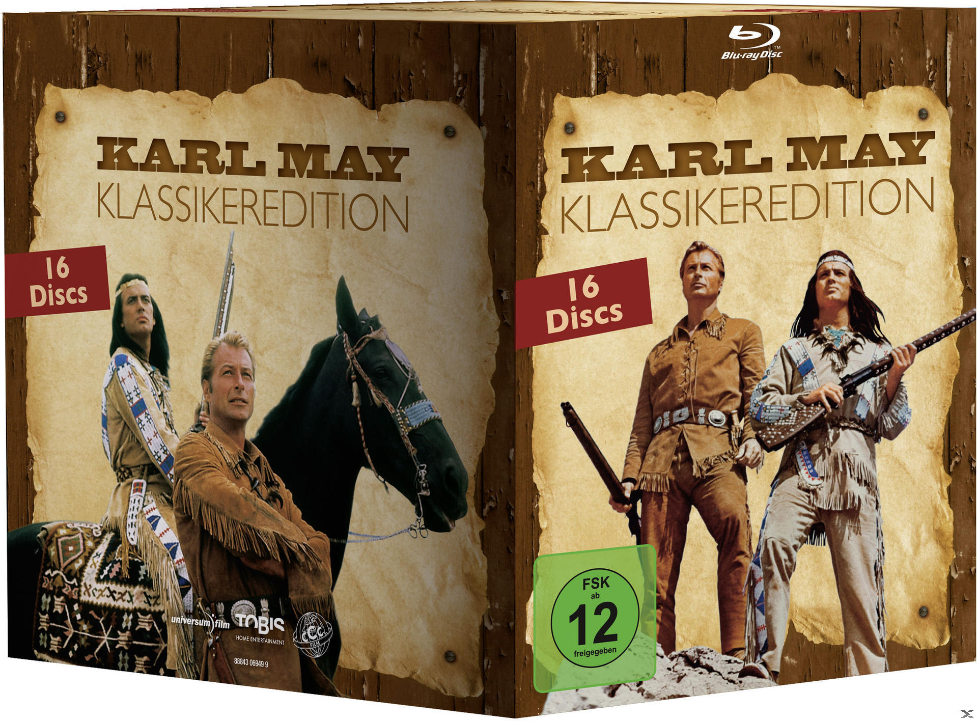 Box-Set, zeigt zwei Cover von Karl-May-Büchern, mit Cowboys und Pferd.