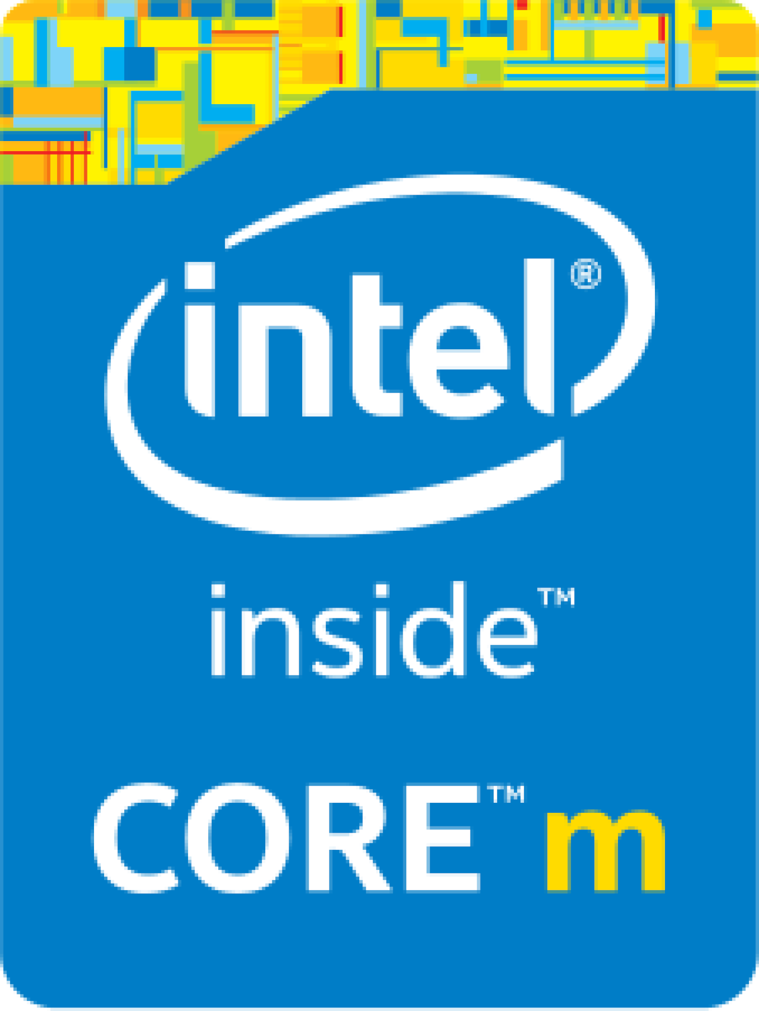 Intel Inside Core m Logo: blauer Hintergrund, weißes Oval, weißer Text 'intel inside core m'.