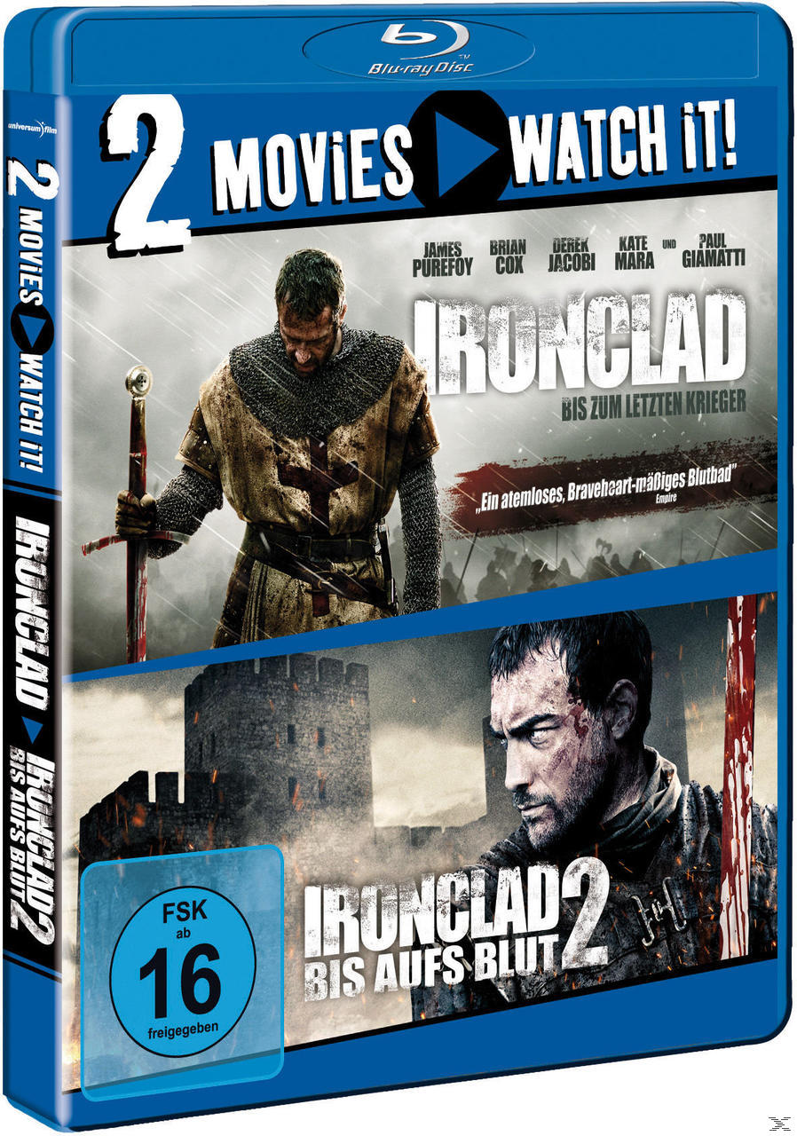 Blu-ray-Cover für Ironclad und Ironclad 2, mit zwei Bildern von Männern in Rüstung.