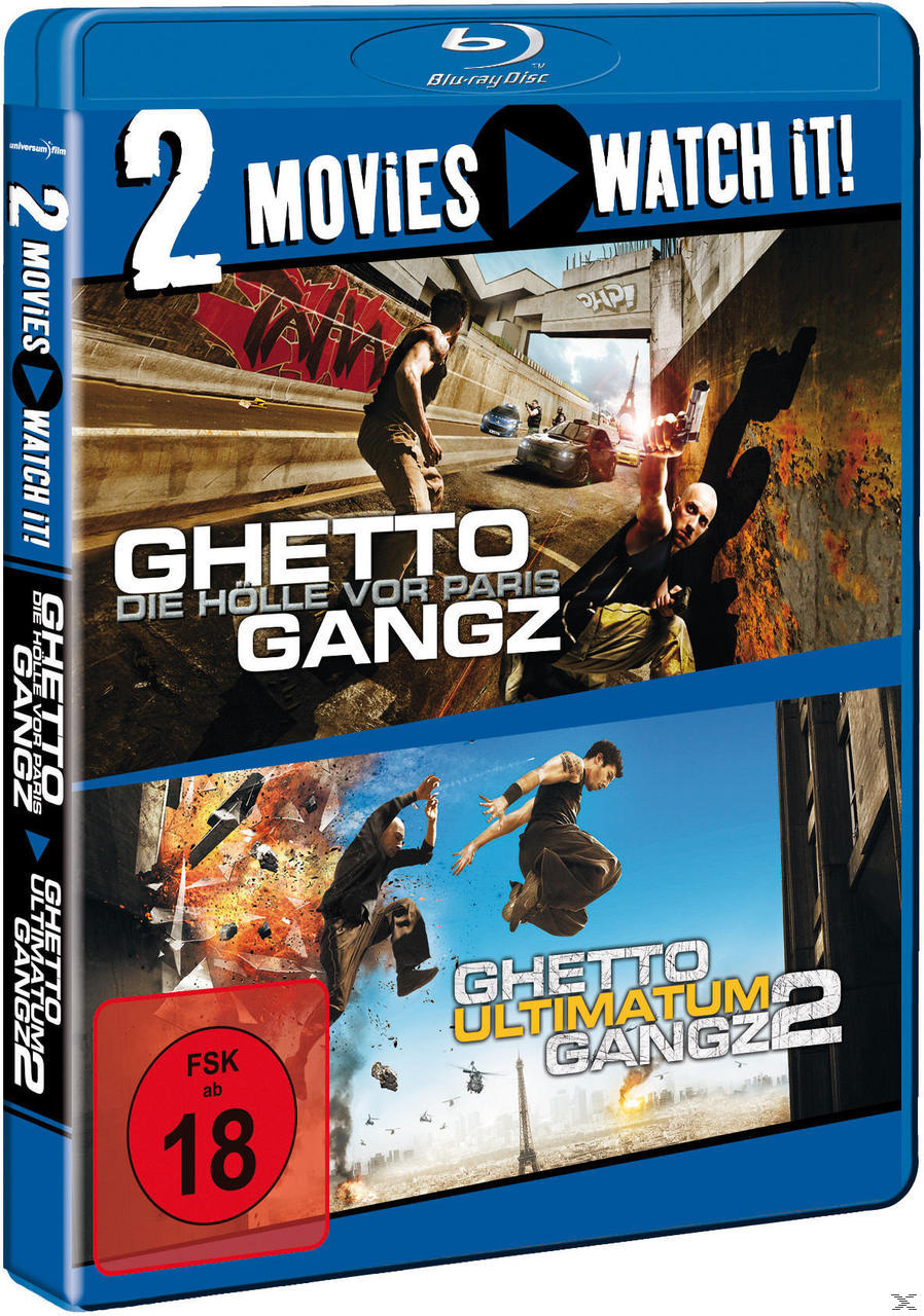 Blaue DVD-Hülle mit Filmtiteln und springenden Personen, mit Altersfreigabe.