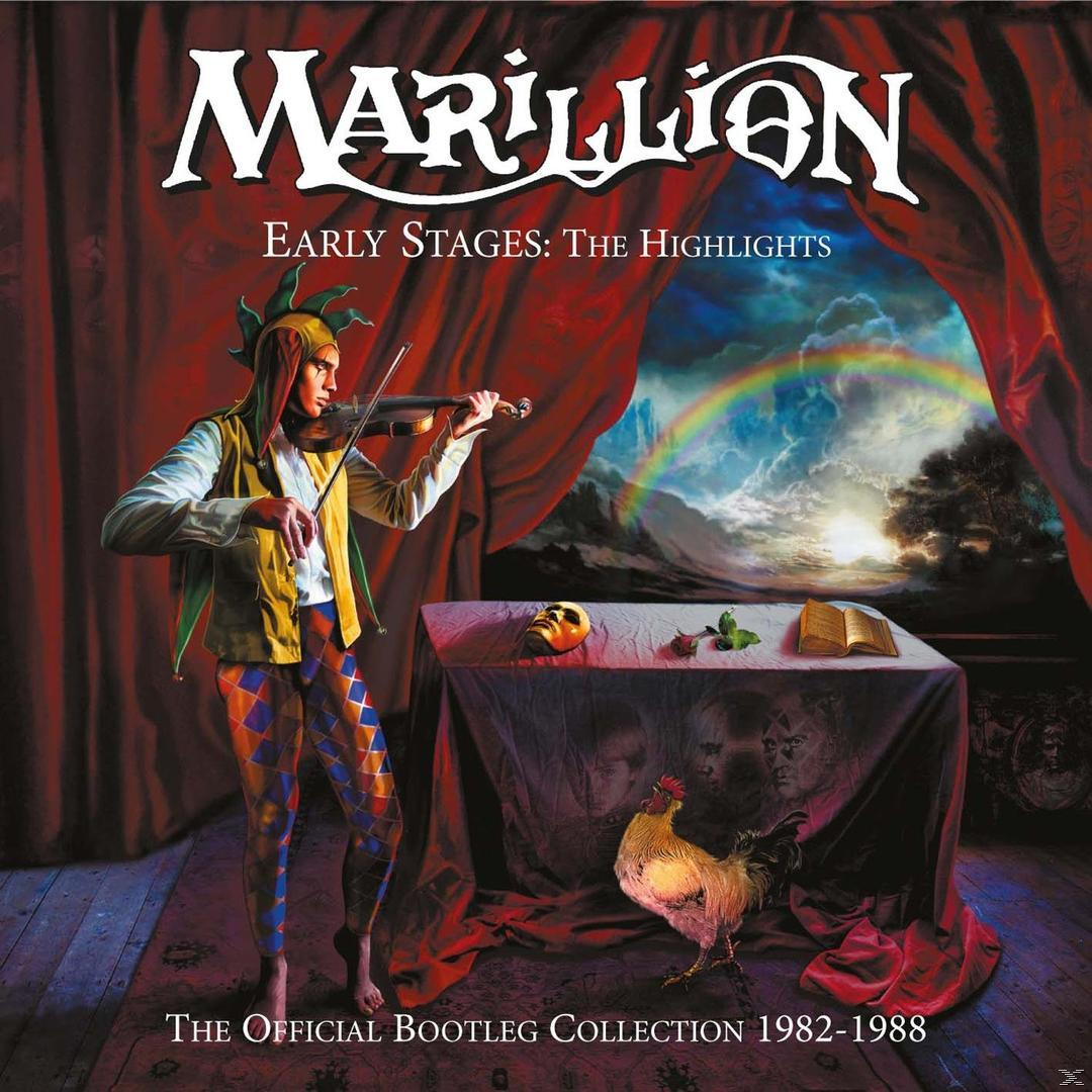 Marillion-Albumcover: Musiker spielt Geige, Bühnenbild und Regenbogen.