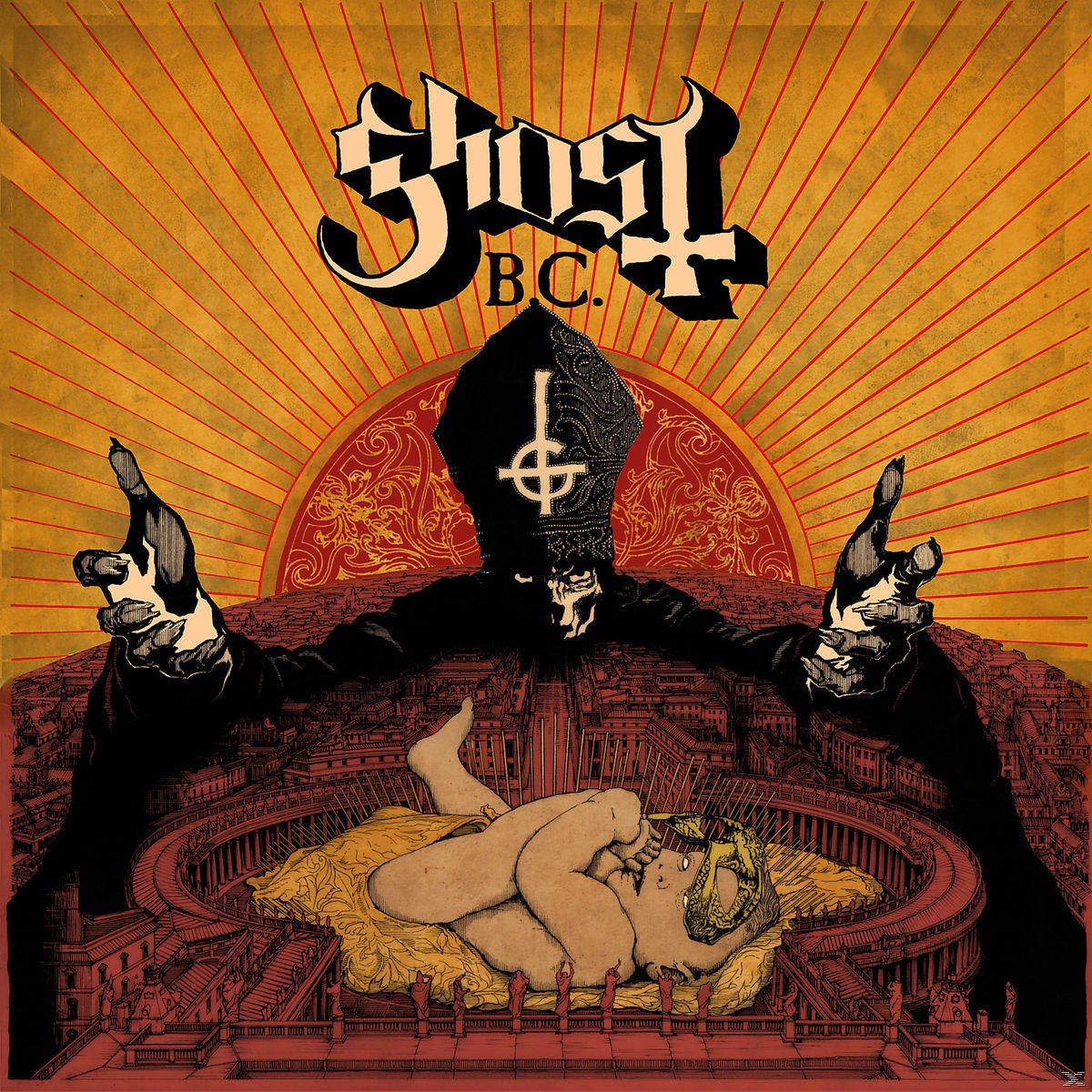 Albumcover: Mann in päpstlichem Outfit, mit einer Szene von Menschen, Titel: Ghost B.C.