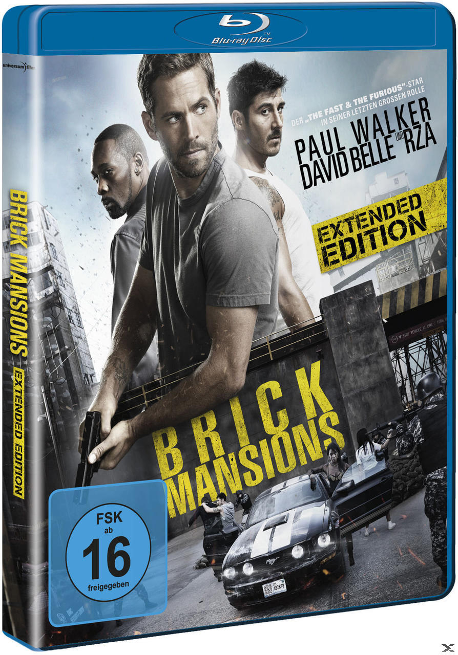 Blu-ray-Filmcover für 'Brick Mansions' mit Schauspielern und einem Auto.