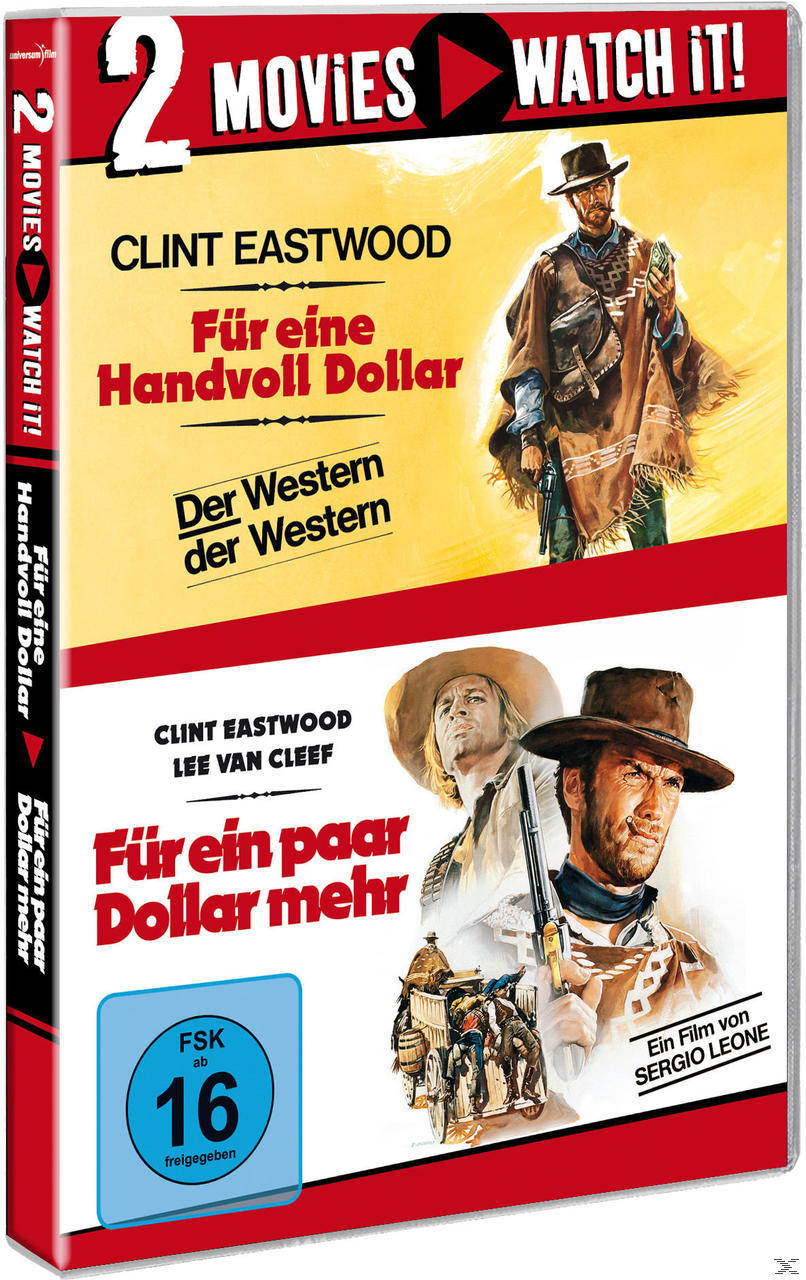 DVD-Hülle mit zwei Filmplakaten. Die Filme sind: Für eine Handvoll Dollar und Für ein paar Dollar mehr.