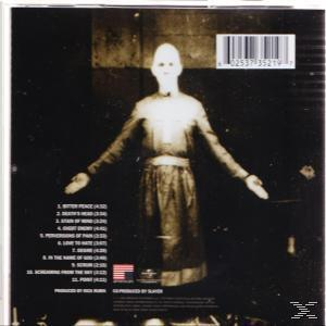 Album-Rückseite mit einem Mann in weißer Robe mit ausgestreckten Armen. Die Titelliste befindet sich unten.