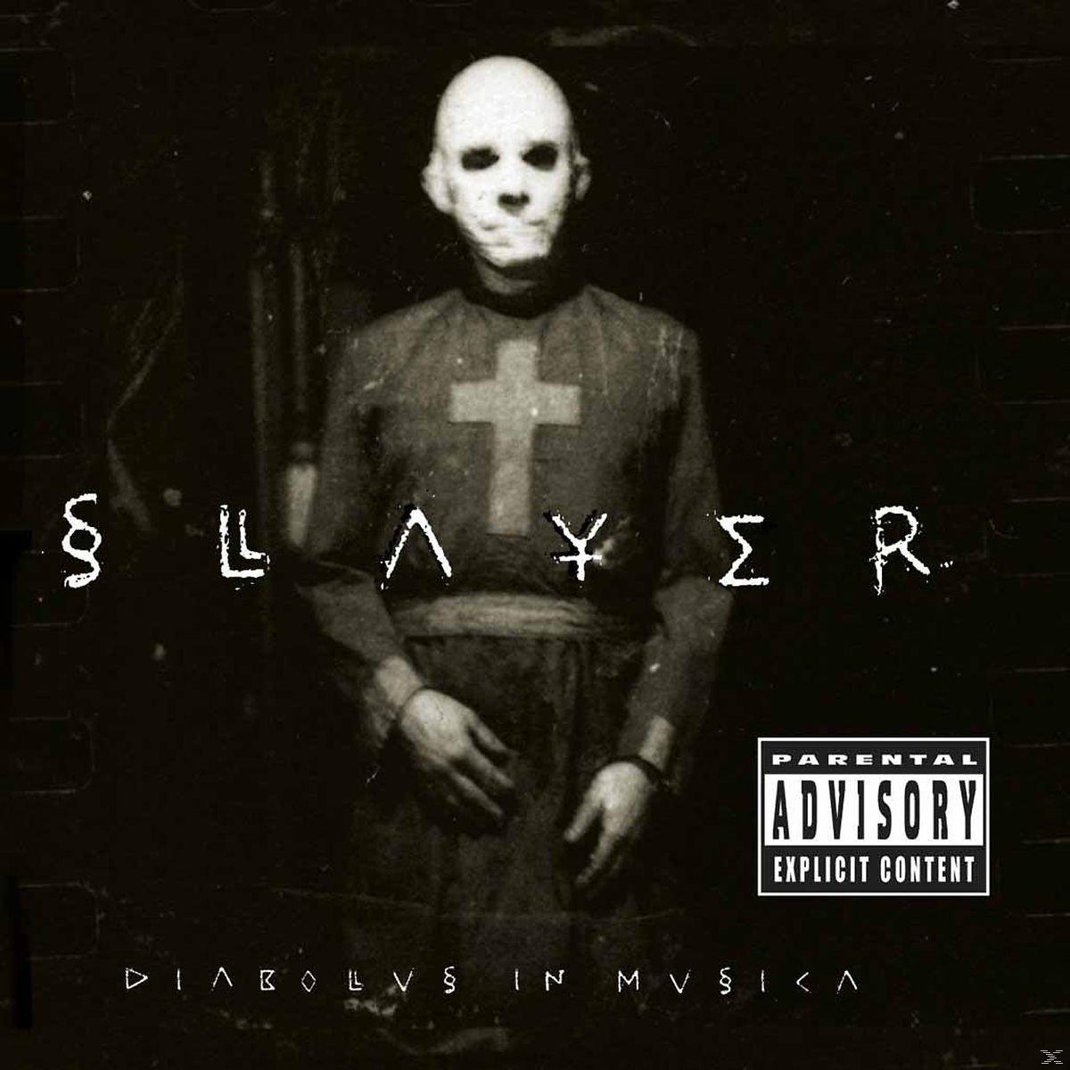 Albumcover: weißgesichtige Figur, schwarzer Hintergrund, Text "Slayer", Aufkleber mit Elternhinweis.