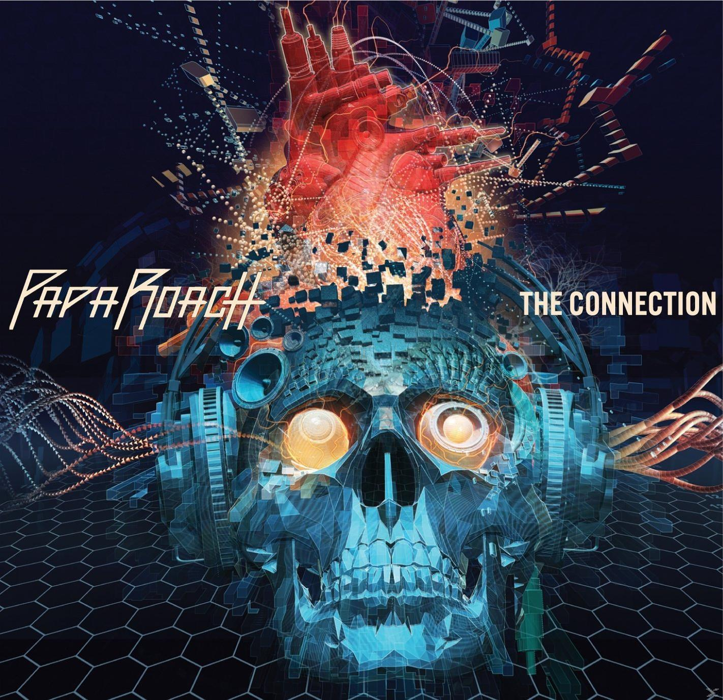 Albumcover mit einem Totenkopfbild, mit technischen Elementen. Text: Papa Roach, The Connection. Dunkelblau und rot.