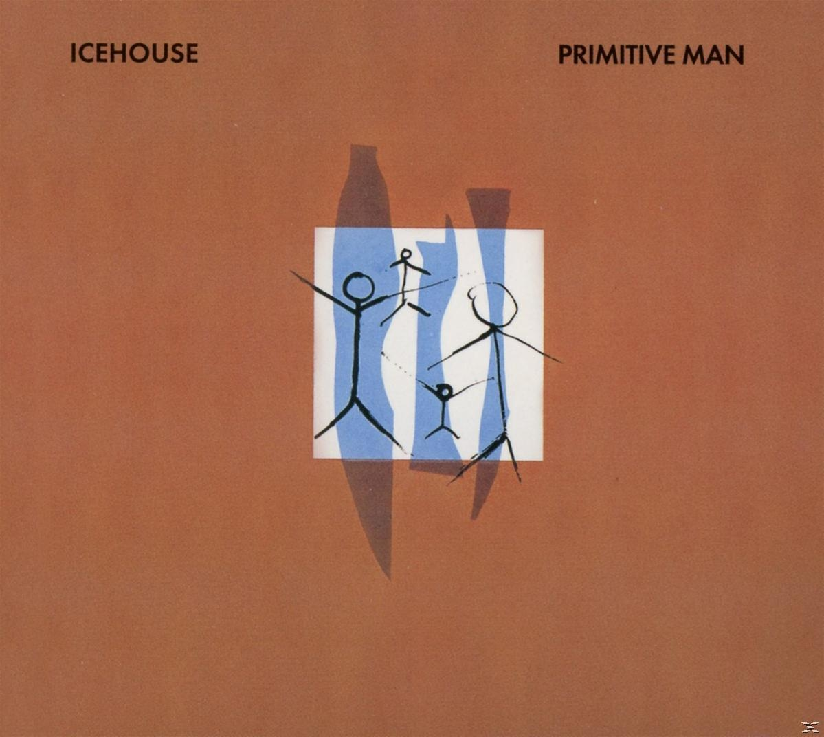 Albumcover mit Strichmännchen. Text "Icehouse" und "Primitive Man" auf braunem Hintergrund mit blauen Linien.