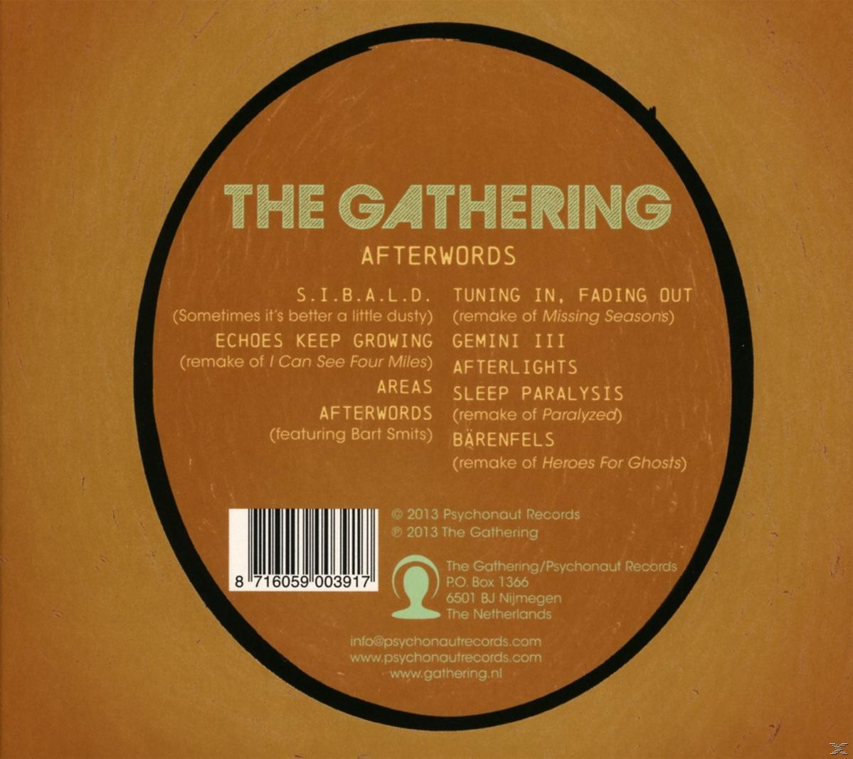 Album-Rückseite, kreisförmiges Design, Trackliste und Text.