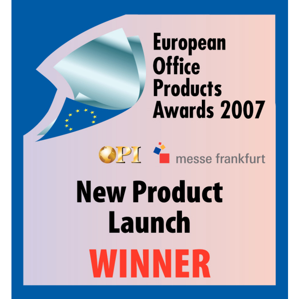 Eine Auszeichnung mit Text. Der Text lautet 'European Office Products Awards 2007' und 'New Product Launch Winner'.