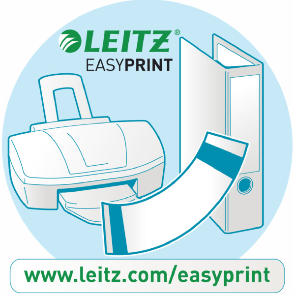 Ein Leitz Easyprint-Gerät mit Drucker, Etikett und Ordner. Der Hintergrund ist blau.