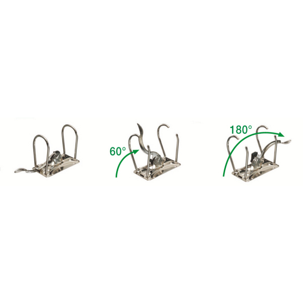 Metallbindermechanismus mit 60° und 180° offenen Positionen, in drei Ansichten auf weißem Hintergrund gezeigt.