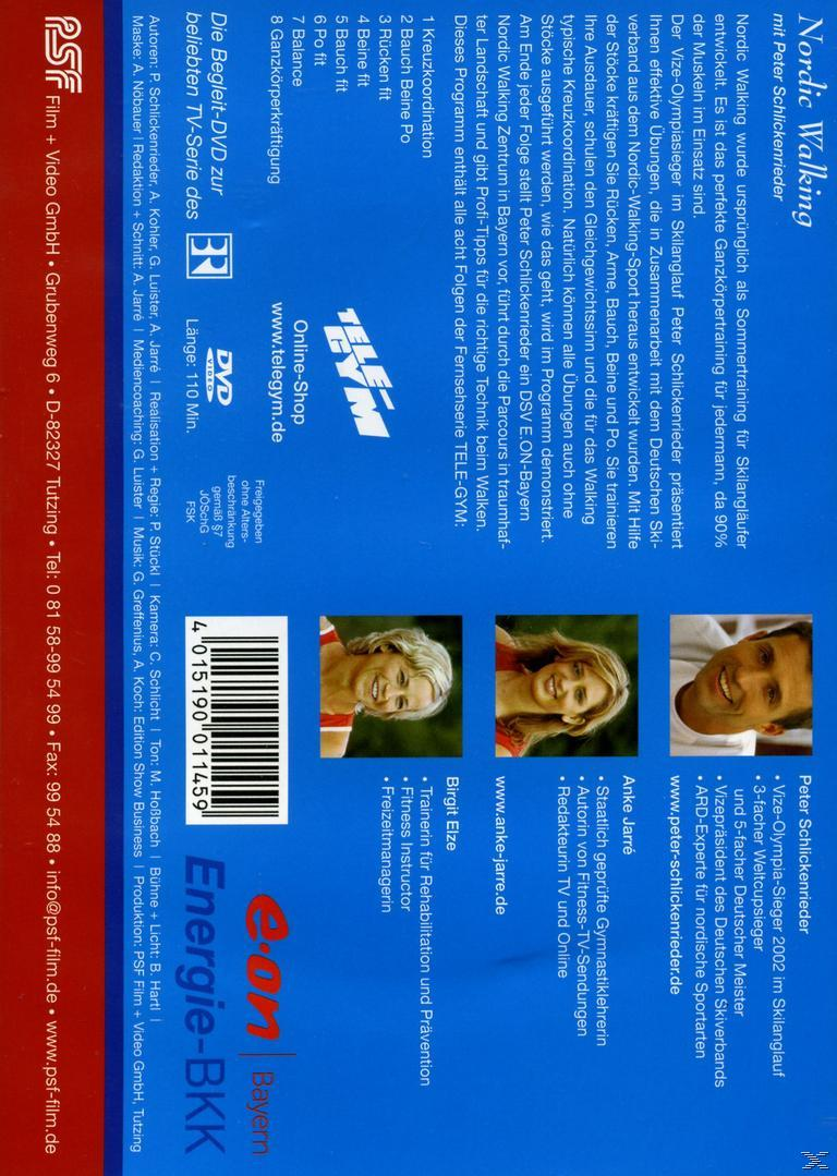 DVD-Cover: Deutscher Text über Nordic Walking, zeigt Bilder von Personen, den Titel und ein Logo.