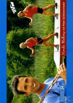 Poster mit drei Personen, die Nordic Walking mit Stöcken demonstrieren, blauer Hintergrund.