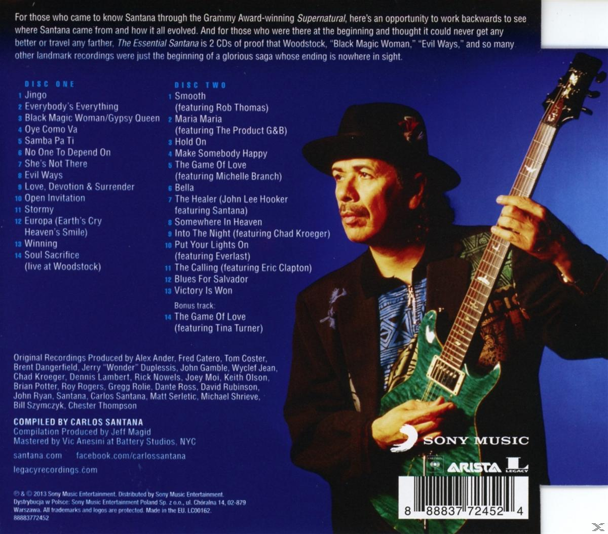 Albumcover mit Santana, der eine Gitarre hält. Der Text listet die Songs auf dem Album auf. Dunkelblauer Hintergrund.