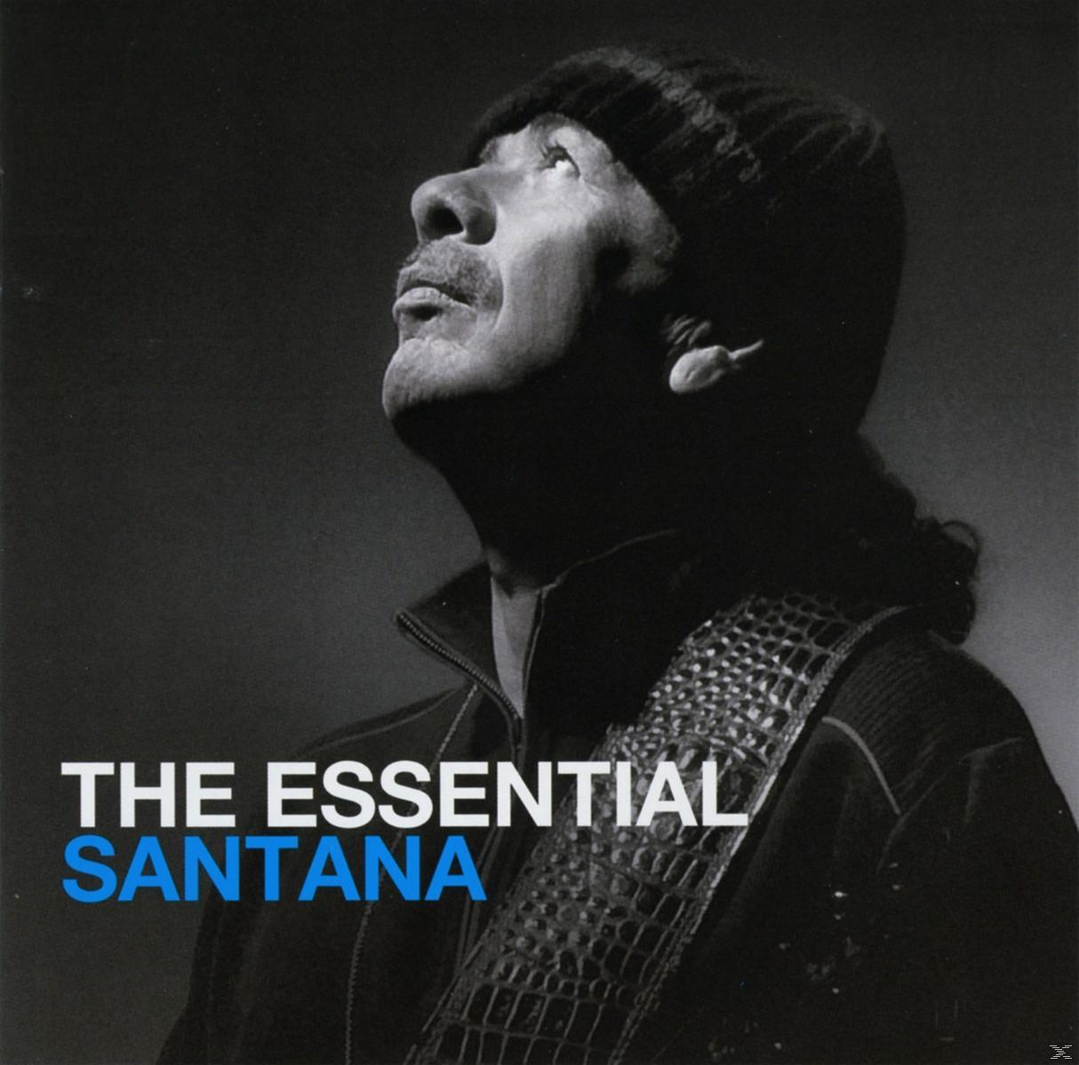 Albumcover für 'The Essential Santana', zeigt ein Schwarz-Weiß-Bild des Künstlers, der nach oben blickt.