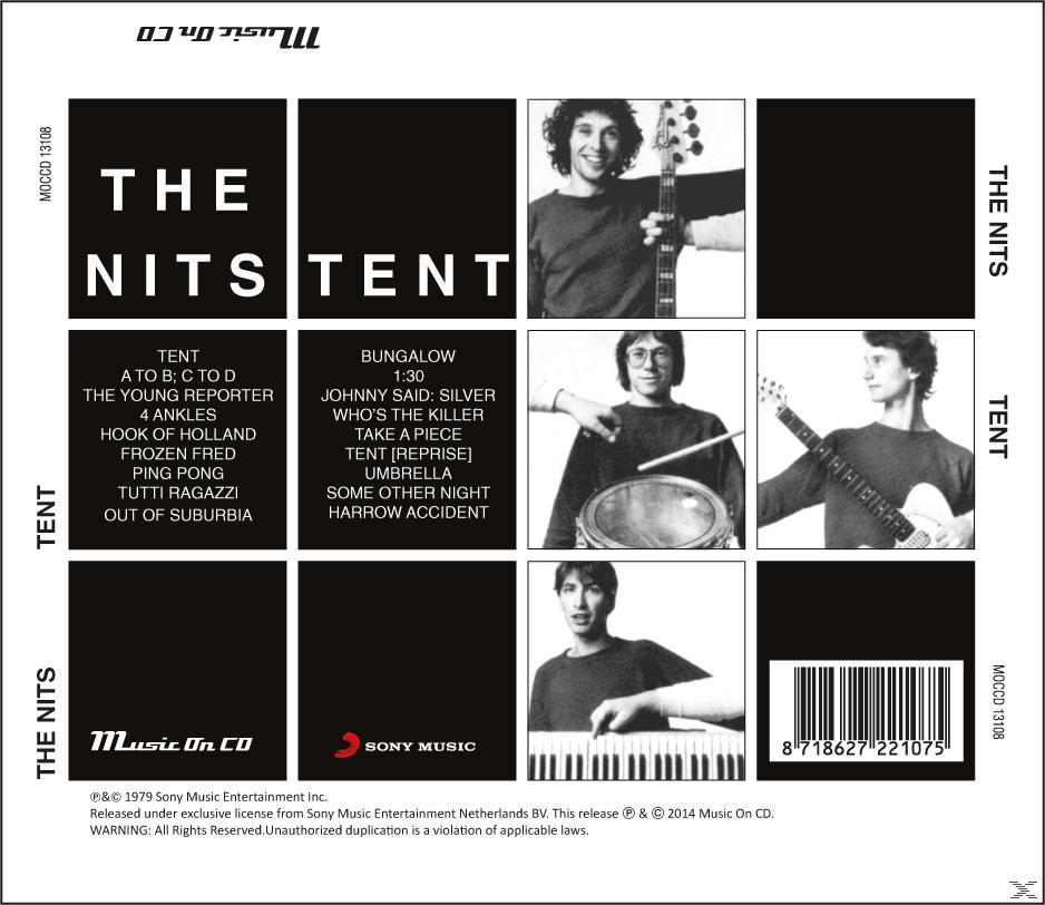 Albumcover mit Bandmitgliedern und Songtiteln. Schwarz-, Weiß- und Grautöne. Der Bandname ist The Nits.