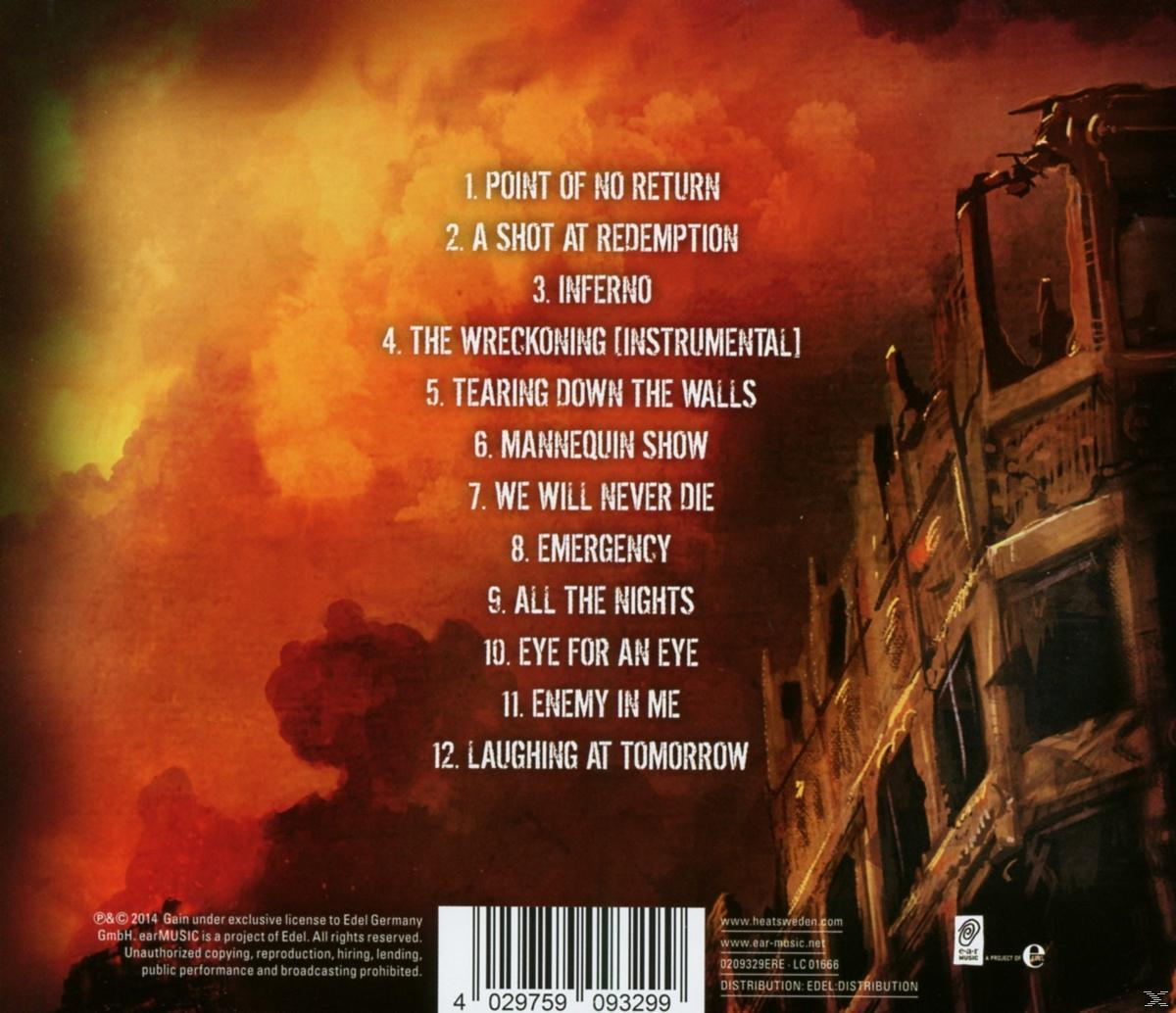 Album-Rückseite mit Titelliste, brennende Stadt-Grafik und Text. Das CD-Cover ist rot und orange.
