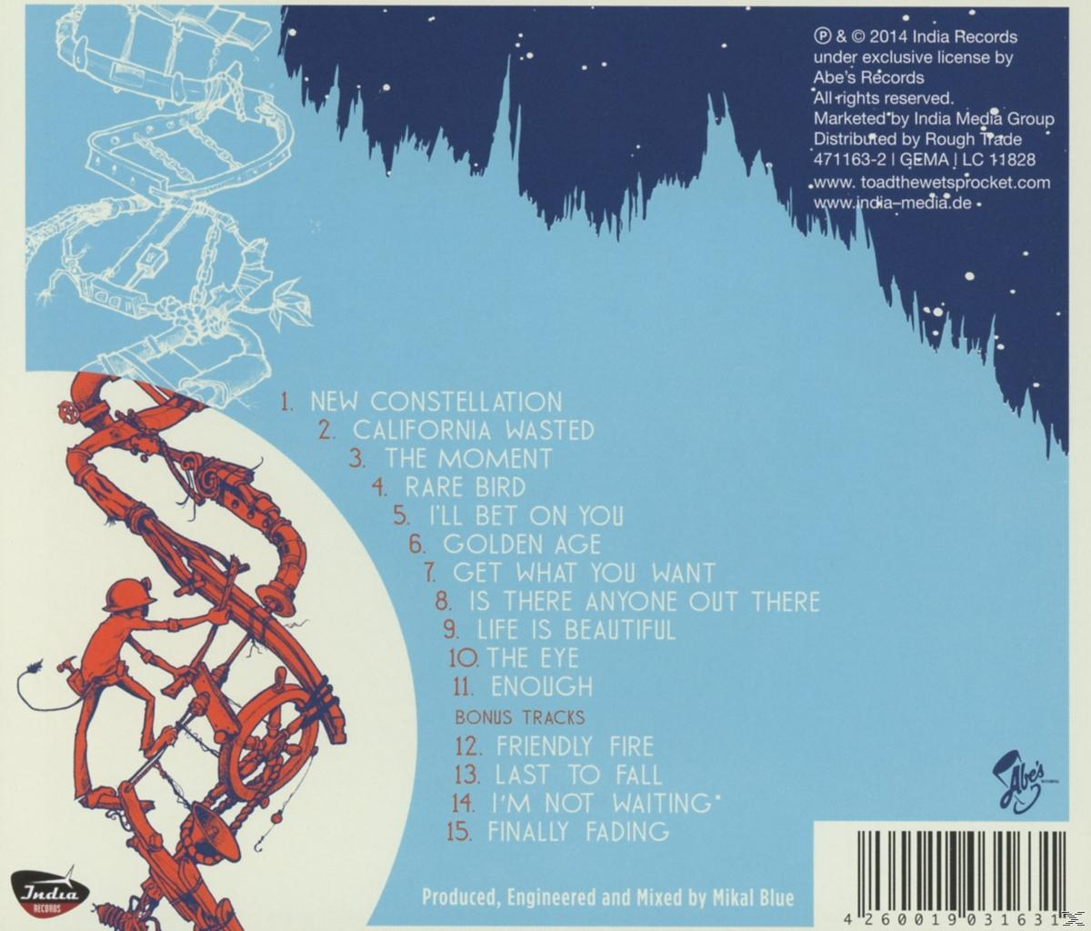 Albumcover. Blaue und orange Töne mit einer Liste von Titeln. Ein Mann mit Hut und ein Schiff in der Ferne.