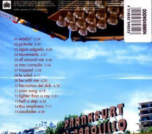 CD-Cover mit Text über Songs und einer Stadtlandschaft am unteren Rand. Blauer Himmel im Hintergrund.