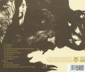 Rückseite des Albums mit Gesicht, Text und dunklem Hintergrund.