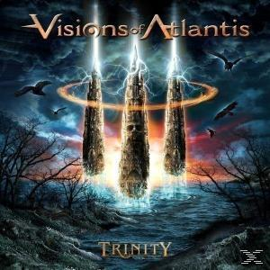 Album borító: Három torony villámmal, víz felett és madarakkal. A szöveg Visions of Atlantis Trinity.