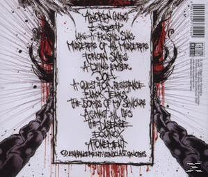 Albumcover mit weißem Hintergrund und schwarzem Text. Rote, blutartige Designs und eine Liste von Titeln sind vorhanden.