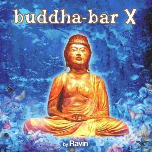 Goldene Buddha-Statue, Lotus-Position, blauer Hintergrund, Text: buddha-bar X by Ravin.