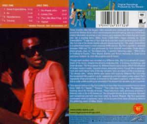 Albumcover eines Mannes mit Sonnenbrille und rotem Schal. Hintergrund mit Text und Bildern.