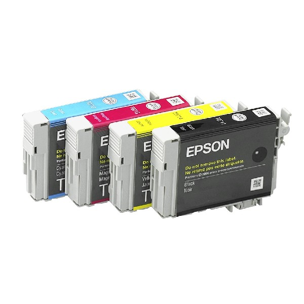 Cartuchos de tinta Epson en cian, magenta, amarillo y negro, etiquetados con color e información de la marca.