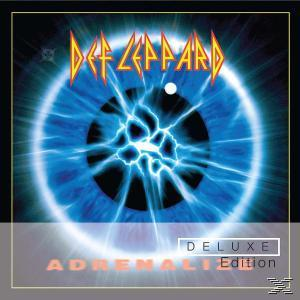 Def Leppard Albumcover. Ein blaues Auge mit Blitz darin. Der Text lautet 'Adrenalize' in Rot.
