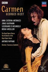 Opernplakat für Carmen. Ein Mann und eine Frau umarmen sich, mit Text und Logos.