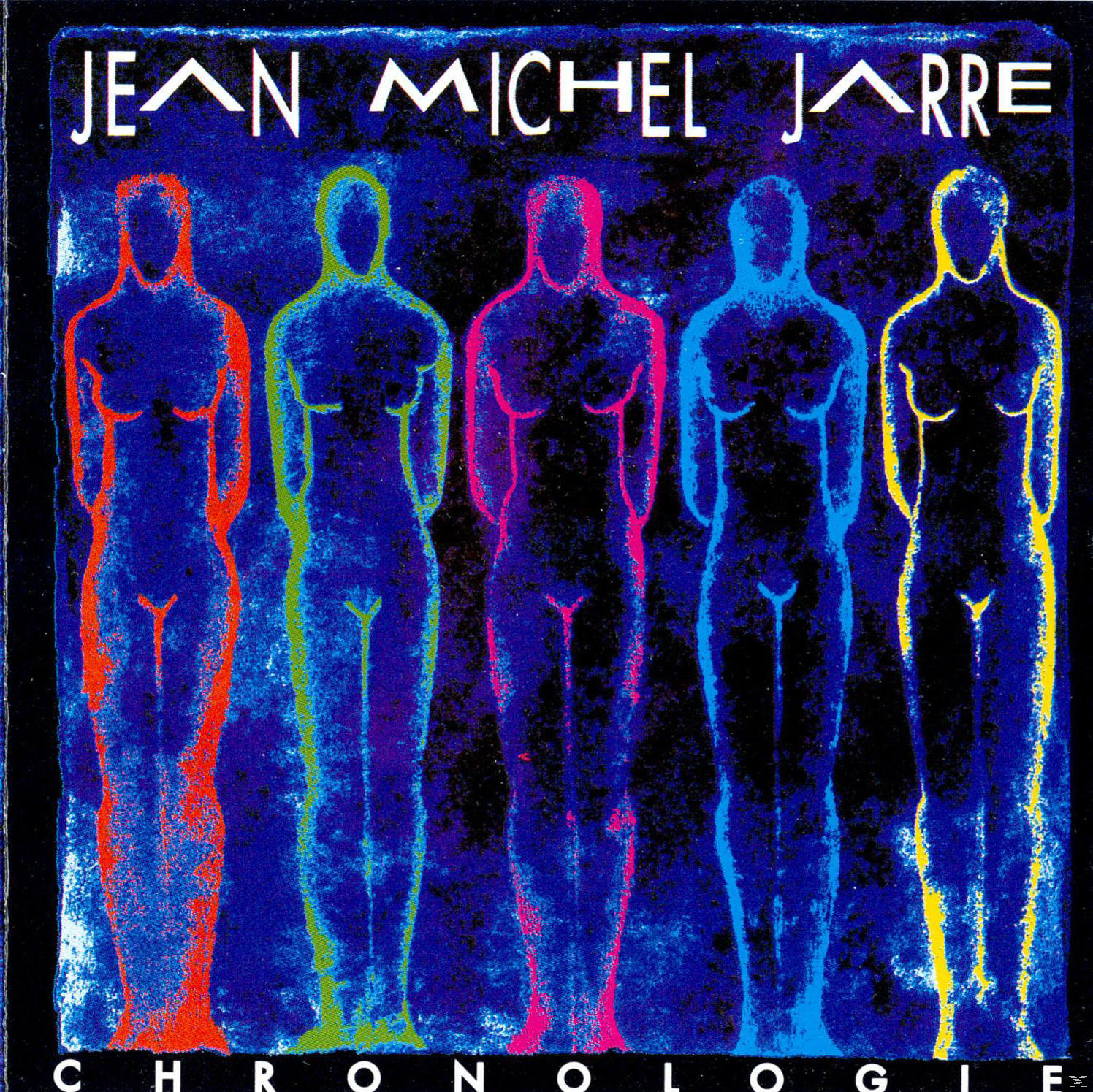 Album borító: Jean-Michel Jarre, öt többszínű emberi alak, 'Chronologie' cím.