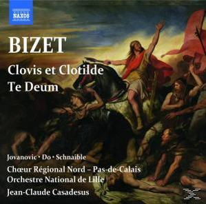Gemälde einer Kampfszene mit Figuren auf Pferden, mit Text: Bizet, Clovis et Clotilde, Te Deum.