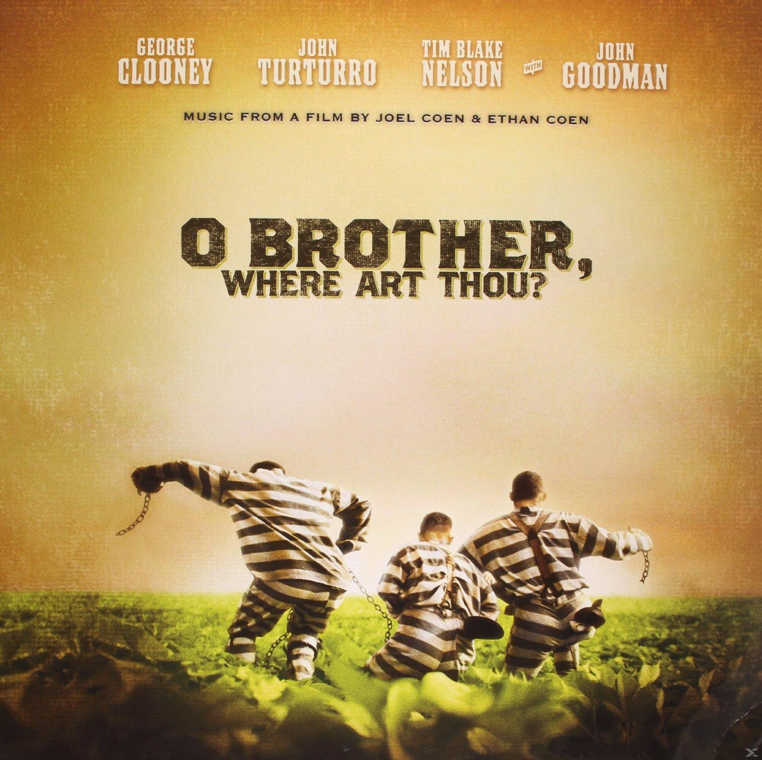 Albumcover mit drei Männern in gestreiften Anzügen, Text 'O Brother, Where Art Thou?'.