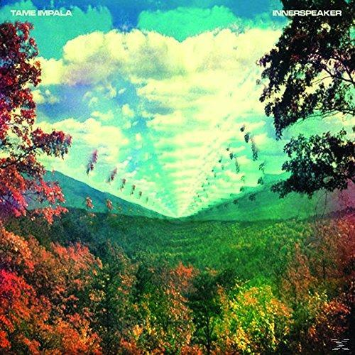 Albumcover von Tame Impala - Innerspeaker. Zeigt eine farbenfrohe Landschaft mit Bäumen und Bergen.