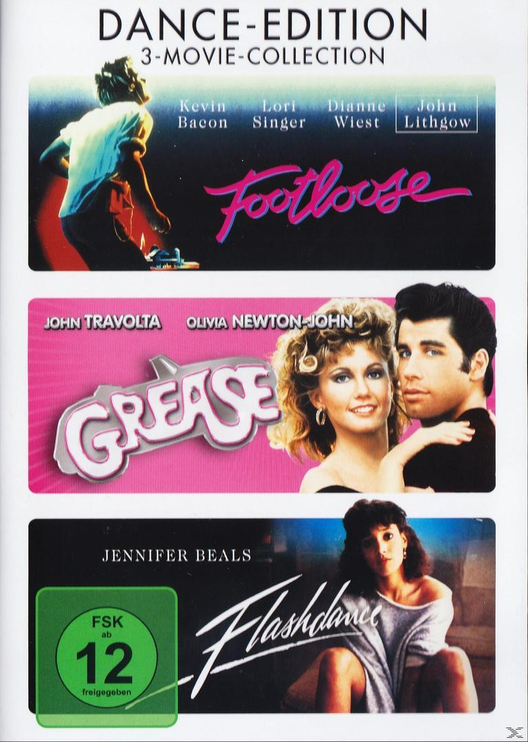 Ein DVD-Cover mit drei Filmtiteln: Footloose, Grease und Flashdance.  Jeder hat Filmstars.